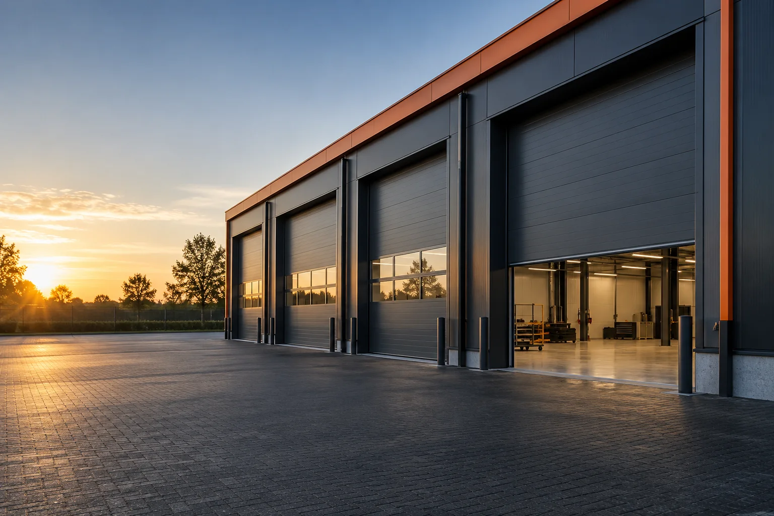 Moderne bedrijfshal met antraciet industriedeuren, illustratieve afbeelding